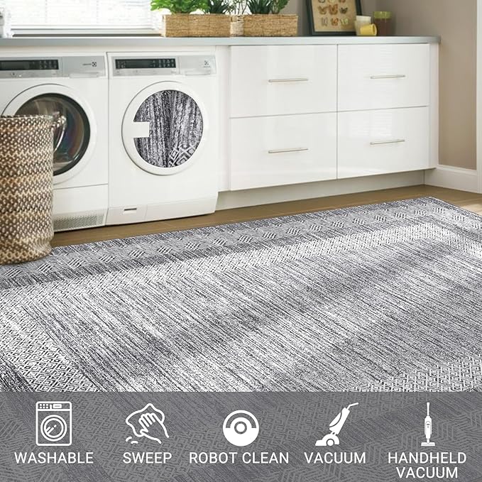 GarveeHome Modern Geometric Area Rug 4x6 Distressed Bordered Washable Non Slip Floor Carpet Non Shedding Thin Soft Low Pile Contemporary Gray Rug for Dining Room, Living Room