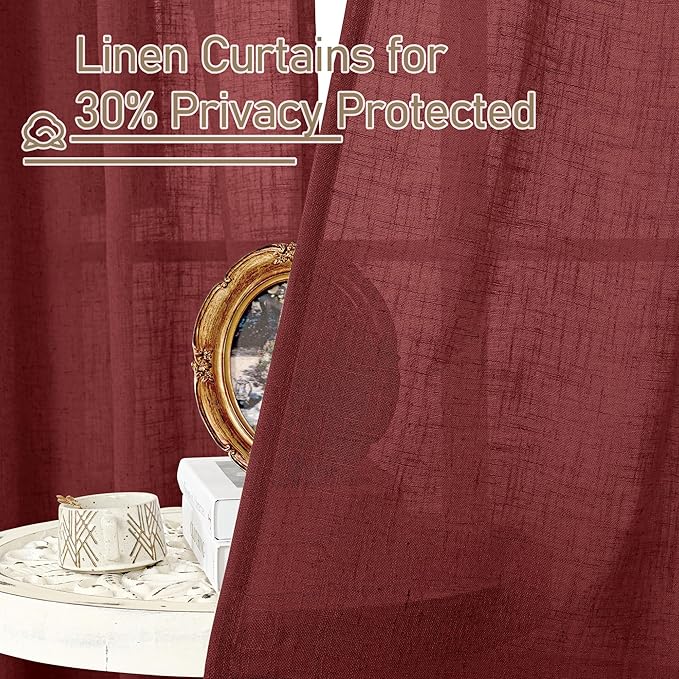 LAMIT Burgundy Red Sheer Linen Curtains 84 inch Length, Light Filtering Semi Sheer Panels Linen Textured Bronze Grommet Christmas Drapes for Living Room/Bedroom, 2 Panels, 52 x 84 Inch