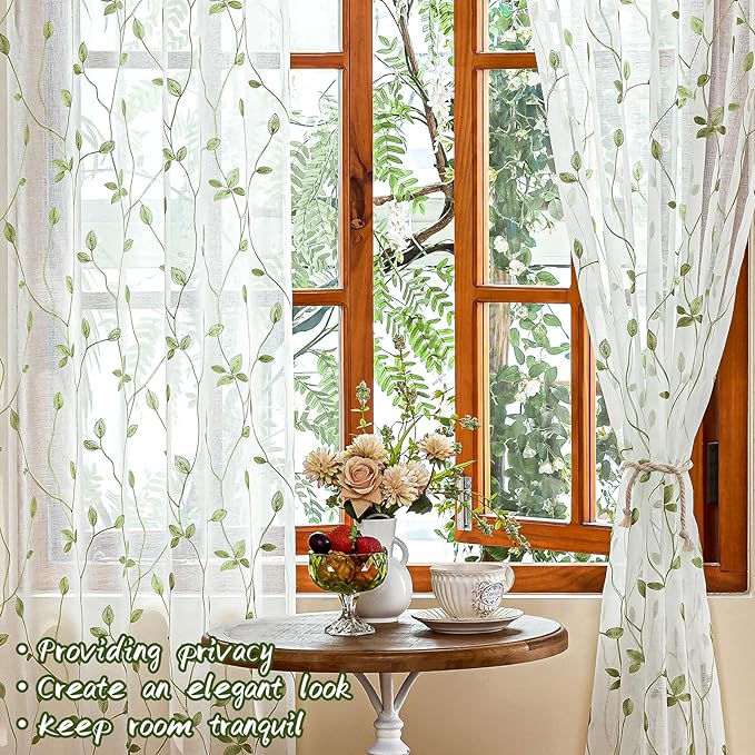 AmHoo 2 Panels Embroidered Leaf Pattern Semi Sheer Curtains Foliage Floral Voile Window Draperies Treatment for Bedroom Living Room Rod Pocket White Light Green 53 x 63 Inch