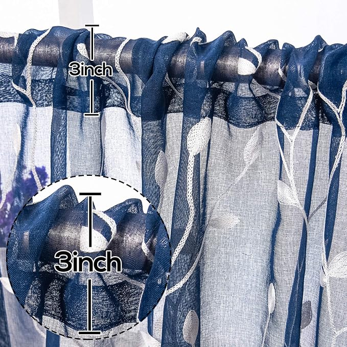 AmHoo 2 Panels Embroidered Leaf Pattern Semi Sheer Curtains Foliage Floral Voile Window Draperies Treatment for Bedroom Living Room Rod Pocket Navy Blue 53 x 95 Inch