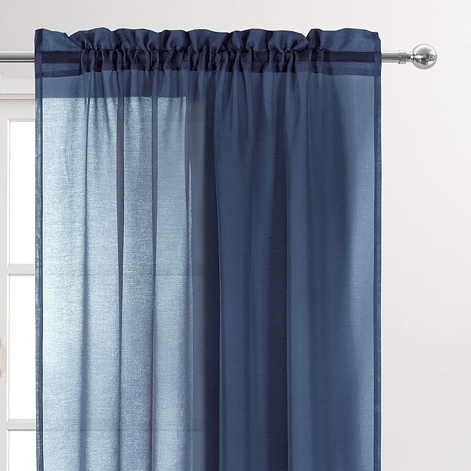 DWCN Navy Blue Sheer Curtains Semi Transparent Voile Rod Pocket Curtains for Bedroom and Living Room, 52 x 84 inches Long, Set of 2 Panels