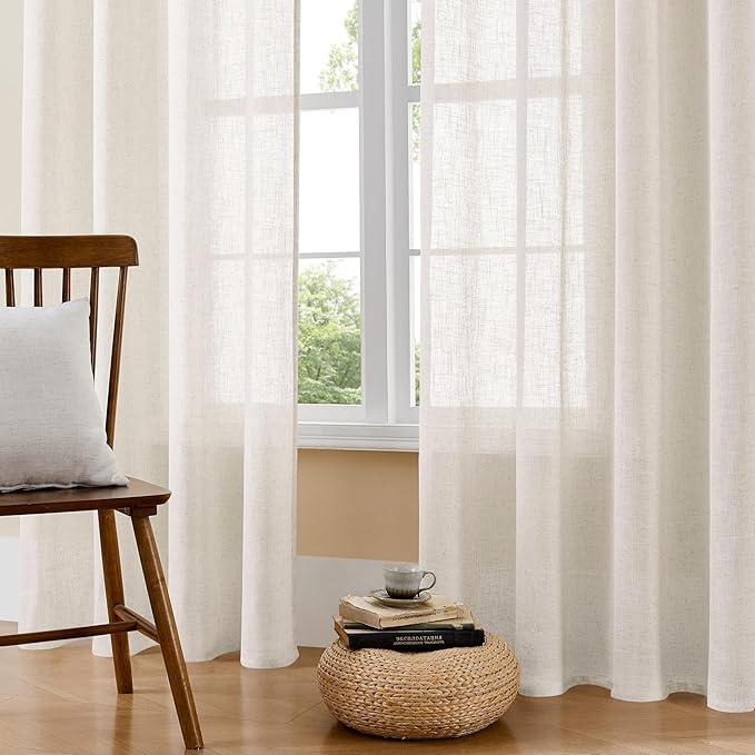 Joydeco Light Filtering Curtains 90 Inch Length for Bedroom, Linen Curtains 90 Inch Length 2 Panels Set for Living Room，White Semi Sheer Drapes 90 Inches Long with Rod Pockets