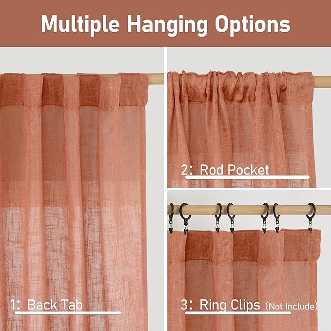 LAMIT Terracotta Linen Boho Curtains 78 inch Length 2 Panels, Light Filtering Semi Sheer Drapes Back Tab and Rod Pocket Neutral Panels for Bedroom/Living Room, 52 x 78 Inch