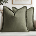 MIULEE Decorative Throw Pillow Covers Neutral Linen Fringe Throw Pillows Euro Shams Set of 2 Olive Green Boho Farmhouse Cushion Covers for Couch Sofa Bed Living Room Spring Home Decor 28x28 Inch