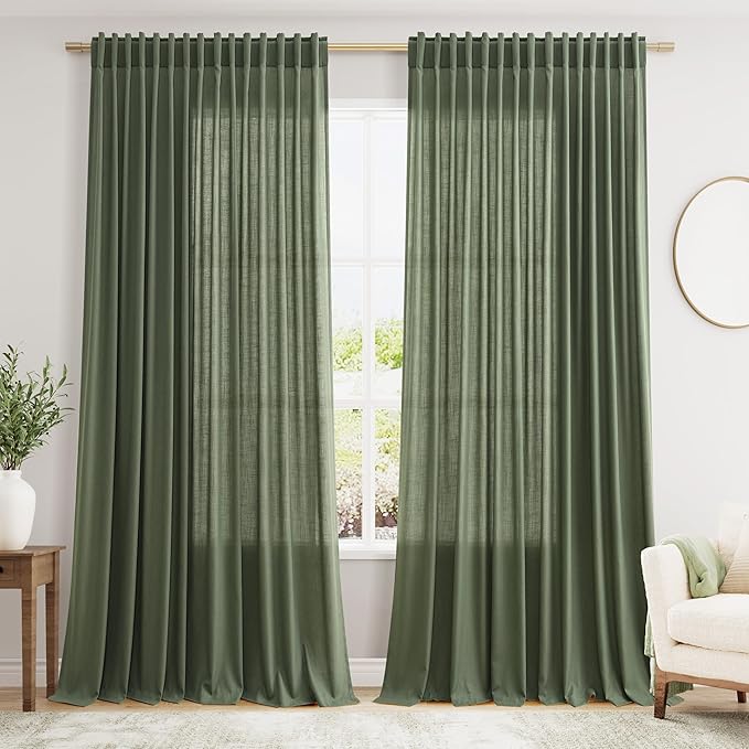 Olive Green Large Window Curtains Light Filtering Semi Sheer Privacy Linen Textured Curtain for Patio Sliding Glass Door Extra Wide Rustic Farmhouse Drapes for Living Room Bedroom Sunroom 100x90 Inch