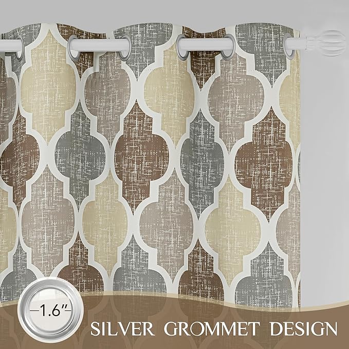 Beauoop 100% Blackout Curtains 84 Inches Long 2 Panels for Bedroom Living Room Brown Grey Moroccan Geo Room Darkening Thermal Insulated Soundproof Grommet Top Window Treatments Drapes, 50x84 Set of 2