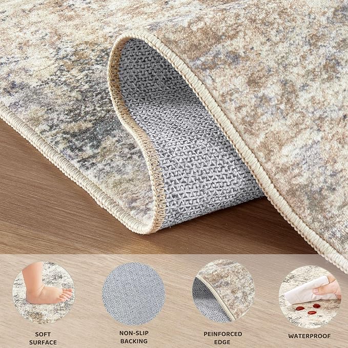 UERMEI 8ft Round Area Rug Living Room Rugs - 8x8 Washable Neutral Modern Abstract Soft Thin Rug Indoor Floor No Slip Rug Carpet for Bedroom Under Dining Table Home Office Decor - Golden Grey