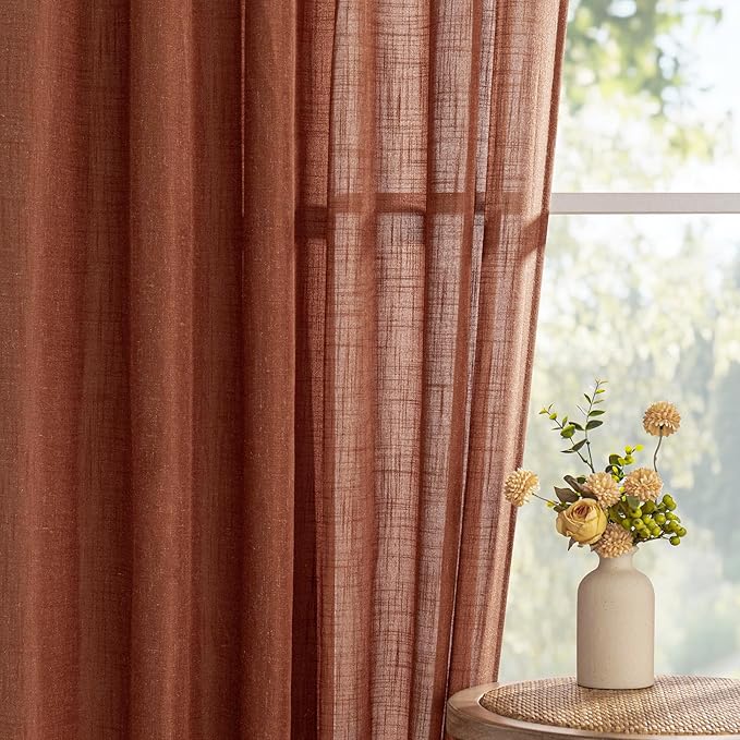 MYSKY HOME 90 Inches Long Curtains for Living Room Light Filtering Semi Sheer Curtains Bedroom Window Drapes Privacy Back Tab Farmhouse Rustic Boho Modern Country, Terracotta, 50" x 90", 2 Panels