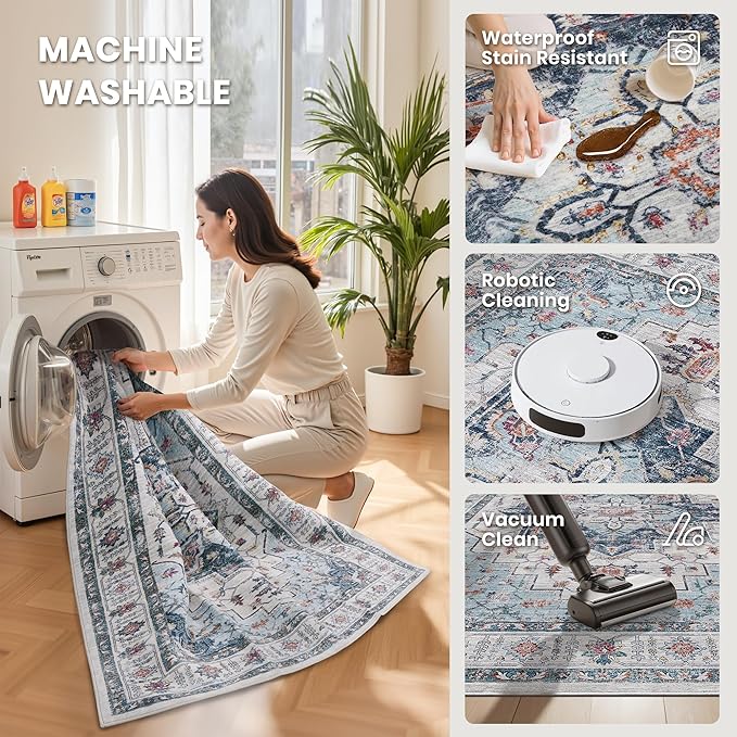 zesthome 8x10 Area Rugs,Stain Resistant Washable Rug,Ultra-Thin Rugs for Living Room,Bedroom,Non-Slip Backing Home Decor Large Area Rug (Blue,8'x10')