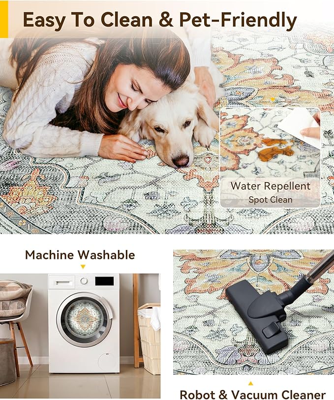 RELEANY Area Rugs 8ft Washable Non-Slip, Floral Vintage Distress Print Pattern Medallion Carpet for Living Room Bedroom Dining Room, Light Yellow Carbon Grey Orange