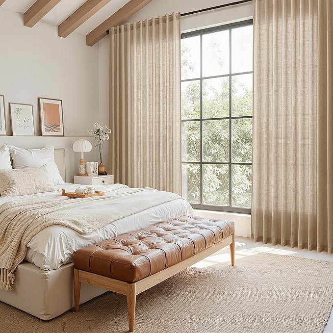 Sand Beige Linen Curtains for Living Room 100 Inches Long Simple Modern Light Filtering Semi Sheer Curtain Back Tab Rustic Farmhouse Luxury Home Decor Drapes for Bedroom Dinner Room 52x100, 2 Panels