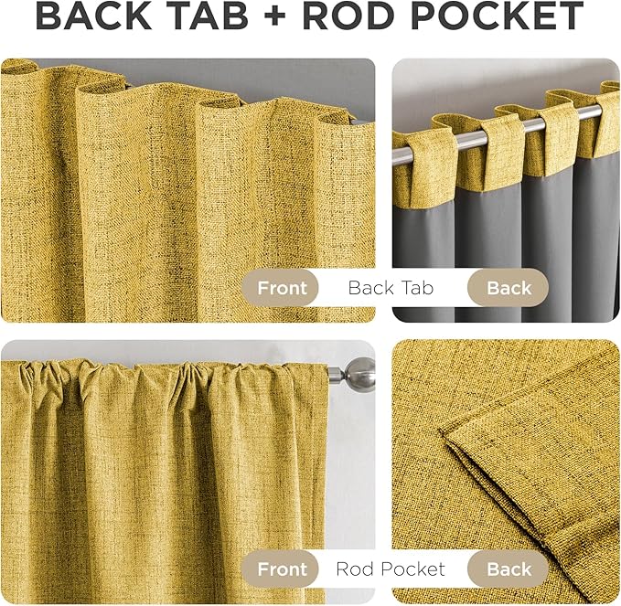 Joydeco Blackout Curtains for Bedroom - 100% Light Blocking 2 Panels Set Yellow Drapes 42" W x 90" L, Thermal Insulated Room Darkening Curtains, Linen Textured for Living Room, Rod Pocket & Back Tabs