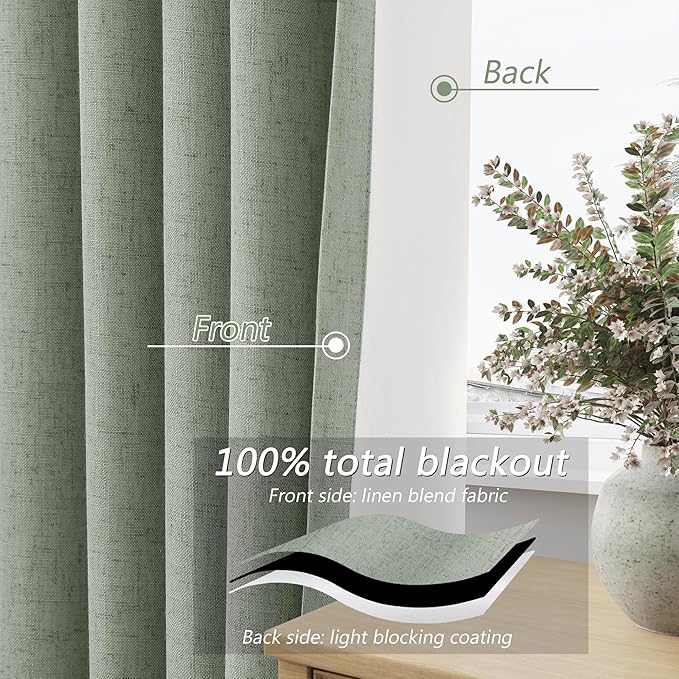 Guken 100% Blackout Curtains 90 Inch Length 2 Panels Set for Living Room Bedroom Back Tab Thermal Insulated Black Out Linen Drapes Room Darkening Window Curtains 90 Inches Long,Desert Sage