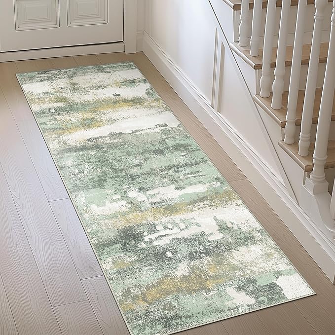 BEIMO Runner Rug for Hallway Kitchen, 2'6"x12' Machine Washable Runners Rug for Entryway, Soft Modern Abstract Throw Rugs, Low Pile Floor Cover with Non Slip Backing, Light Green
