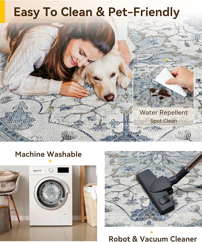 Area Rugs 6ft Washable Non-Slip, Floral Vintage Distress Print Pattern Medallion Carpet for Living Room Bedroom Dining Room, Light Blue Navy Beige Gray White