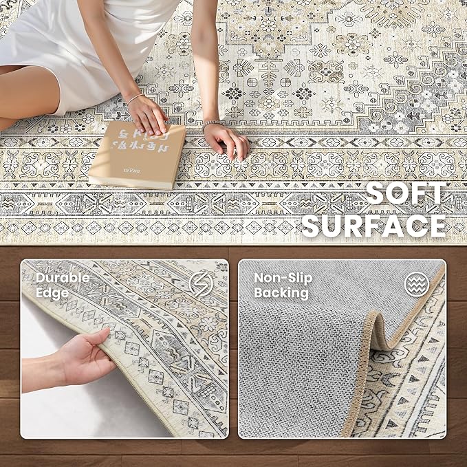 zesthome 4x6 Rug - Stain Resistant Washable Rug, Anti Slip Backing Rugs for Living Room, Foldable Vintage Small Area Rugs ((Beige,4'x6')