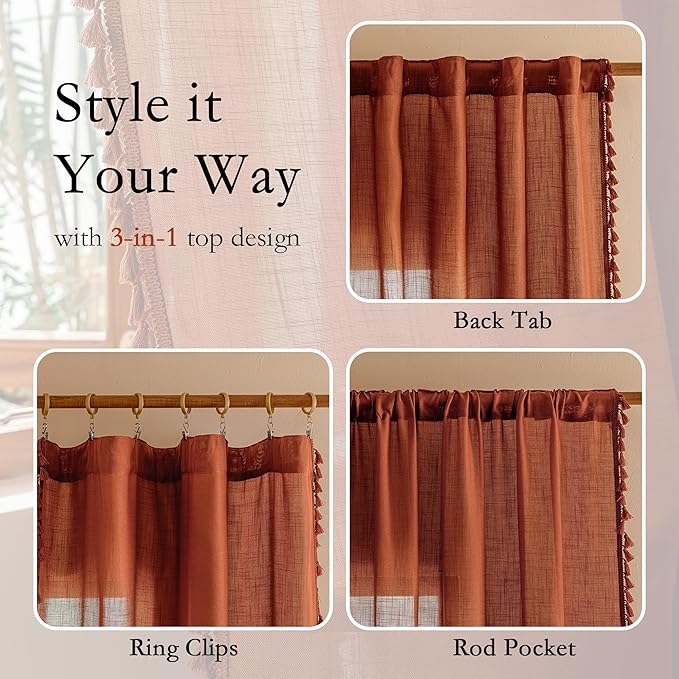 MYSKY HOME Door Curtains for Closet Doorways, 72 Inches Long Sheer Light Filtering Privacy Protect Bohemian Macrame Drapes for Living Room Bedroom, 50" x 72", Terracotta, 2 Pieces