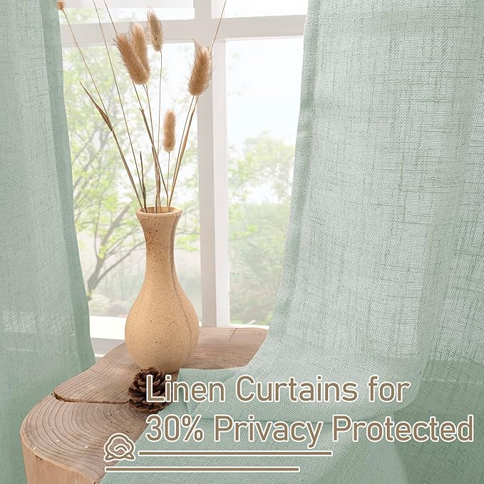 LAMIT Sheer Linen Curtains 63 inches Long for Bedroom, Bronze Grommet Linen Drapes Light Filtering Semi Sheer Curtains for Small Window/Farmhouse, 2 Panels (52 x 63 Inch, Light Sage)
