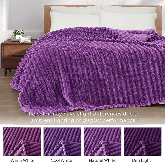 Exclusivo Mezcla Fleece Throw Blanket for Couch, Super Soft Striped Jacquard Bed Blanket, Lightweight Fuzzy Cozy for All Seasons, 50x60 Inches, Purple