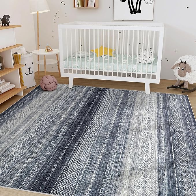 Nakagishi 8x10 Area Rugs Living Room: Washable Boho Large Neutral Soft Modern Rug Stain Resistant Moroccan Non Slip Indoor Floor Carpet for Bedroom Nursery Kids Playroom Office Dining Room- Blue
