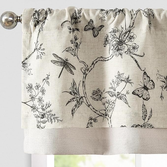 jinchan Floral Curtain Valance for Windows 16 Inch Linen Valance for Kitchen Living Room Rustic Cottage Farmhouse Flower Butterfly Curtain Rod Pocket 1 Panel Double Layer Blackout Black on Beige
