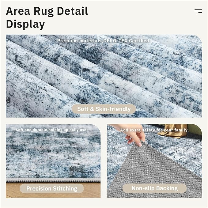 6x6 Blue/Grey Round Rug 6ft Living Room Circle Rug Vintage Round Area Rug Non Slip Indoor Carpet for Dining Room Bedroom