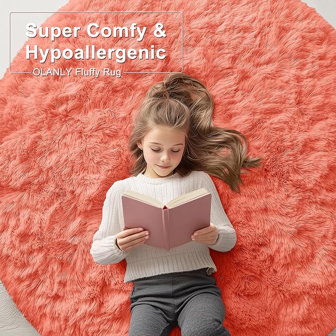 OLANLY Coral Red Round Rugs for Bedroom - Machine Washable, 3 ft Circle Area Rugs for Living Room, Soft and Fluffy Shaggy Carpet for Teen Girl and Boys, Nursery Rooms, Dorms, Home Decor Aesthetic