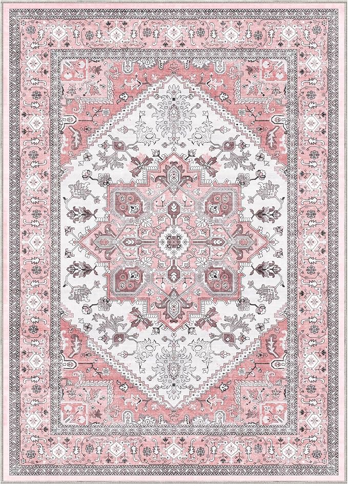OPPODREAM Soft Area Rugs 3x5, Washable Rugs with Non Slip Backing, Low-Pile Throw 3x5 Carpet, Faux Cashmere 3 x 5 Carpet, Pink & Cream