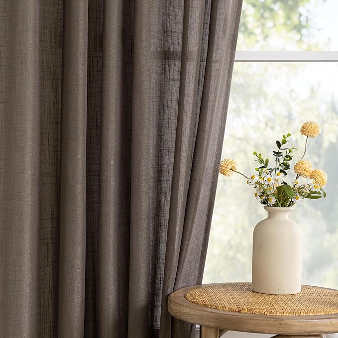 MYSKY HOME Dark Brown Sheer Curtains 63 inch Length Semi Sheer Curtains for Bedroom Light Filtering Short Window Treatment Privacy Protect Boho Farmhouse Soft Drapes Set, Back Tab, 50" Wide, 2 Pieces