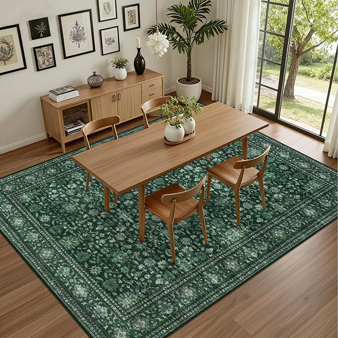 6x9 Area Rugs Living Room Rug: Washable Vintage Distressed Floral Rug No Slip Stain Resistant Soft Carpet Indoor Large Carpets for Bedroom Dining Room Farmhouse Nursery Home Office Deep Green