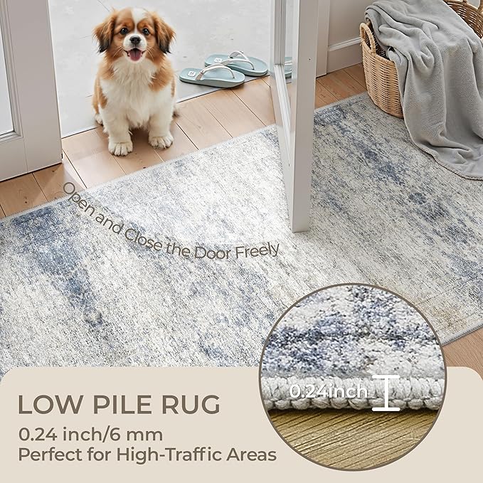 Long Hallway Runner Rug- Carpet Runners for Hallway 12ft, Anti Slip Backing Washable Rug Runner for Entrance, Living Room, Soft Low Pile Modern Rug Runner(2'x12', Blue/Brown/Ivory)