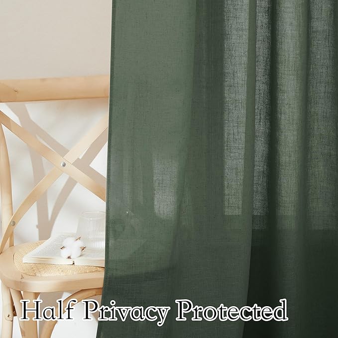 RYB HOME Olive Green Linen Sheer Curtains 84 inches, 2 Panels Rod Pocket Living Room Gauze Curtains Semi Sheer Light Filtering Drapes for Farmhouse Bedroom Office, W 52 x L 84