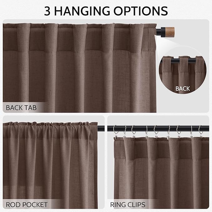Cappuccino Curtains 63 Inches Long 2 Panel Sets for Living Room Bedroom, Light Filtering Linen Drapes for Kitchen Windows Rod Pocket or Back Tab Curtain,Semi Sheer 52x63
