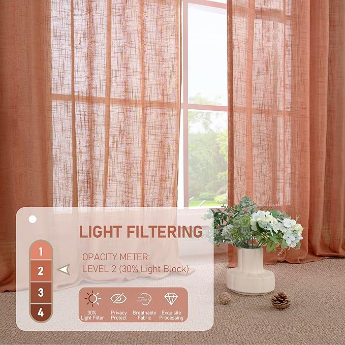 LAMIT 30 Inch Linen Kitchen Curtains, Semi Sheer Light Filtering Window Panels Back Tab and Rod Pocket Drapes for Basement/Small Windows, Terracotta, 25 x 30 Inch, 2 Panels