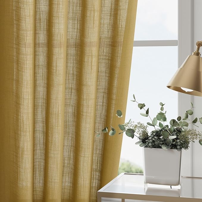 Nanspring Gold Linen Curtains 102 Inches Long Rod Pocket Back Tab Drapes 2 Panels Set for Living Room Bedroom Light Filtering Semi Sheer Gold Curtain 102 Length for Patio Door 52x102