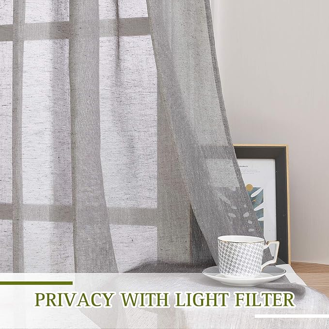 NICETOWN Linen Curtains Charcoal Grey for Cold Wind, Grommet Casual Flax Semi Sheer Window Drapes with Light Filtering for Farmhouse/Living Room, W52 x L90, Set of 2