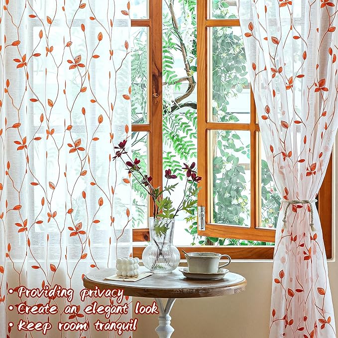 AmHoo 2 Panels Embroidered Leaf Pattern Semi Sheer Curtains Foliage Floral Voile Window Draperies Treatment for Bedroom Living Room Rod Pocket White Burnt Orange 53 x 95 Inch