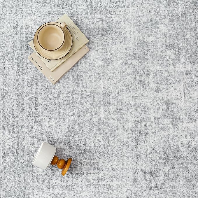 PureCozy 3x5 Area Rug Washable Vintage Entryway Living Room Carpet Indoor Office Non Slip Grey Entrance Distressed Low Pile Retro Accent Throw Rug for Dining Room Bathroom Bedroom Laundry