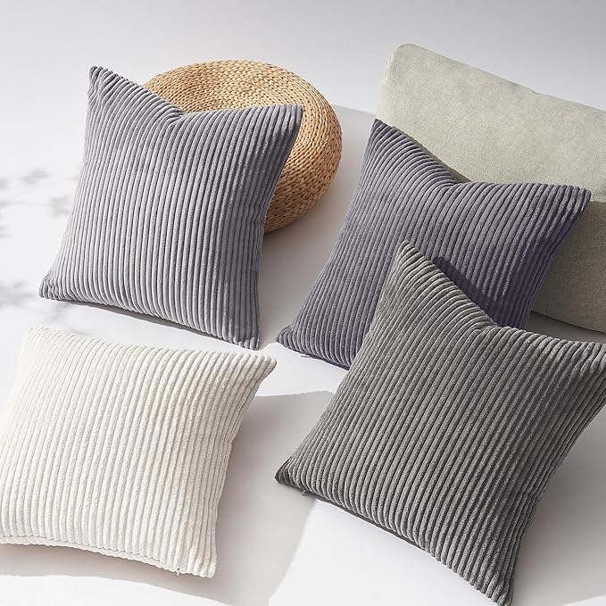 Topfinel 55x55cm Gray Set of 4 Corduroy Pillow Covers Cushion Cover Decorative Cushion Cover Sofa Cushion Deco for Sofa Bedroom Living Room Balcony Children Gradient