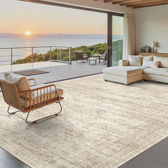 Washable Area Rug 8x10, Large Soft Rugs for Living Room Vintage Beige Carpet 8x10 Area Rugs for Bedroom Dining Room Non-Slip Stain Resistant Under Table Rug