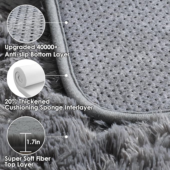 ONASAR Grey Area Rugs for Living Room, 5x8 Gray Fluffy Shag Bedroom Rug, Ultra Soft Plush Shaggy Large Indoor Floor Carpet for Nursery Kids Girls Boys Teen Home Office Decor Aesthetic
