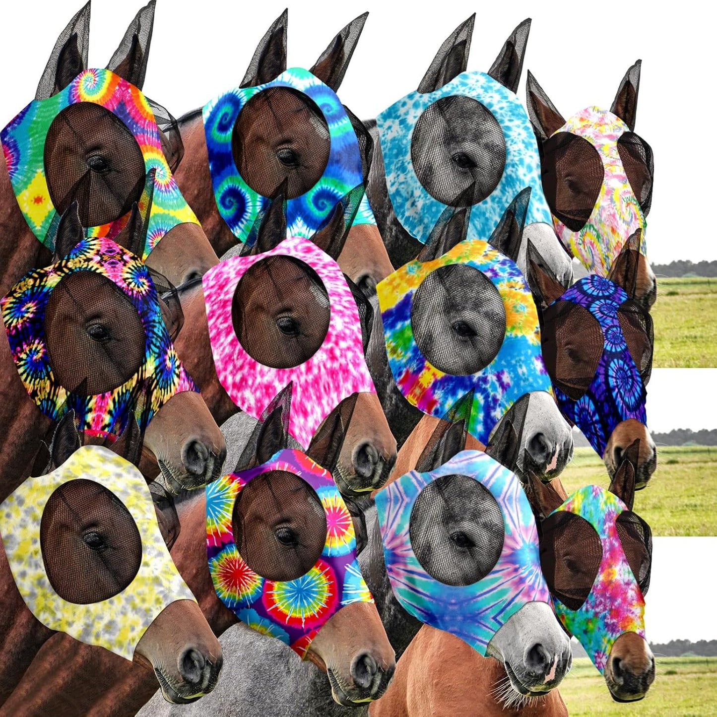 Qualirey12 Pieces Horse Fly Mask Bulk Comfortable Elasticity Mask for Horses with Ears Net UV Protection Breathable Face Covering for Pony and Foal(Medium, Tie Dye Patterns)