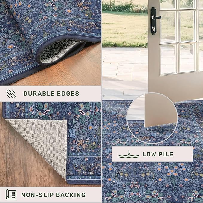 Vintage Dark Blue 4x6 Area Rugs for Large Entryway, Bedroom Beside Rug, Kitchen, Mudroom, Non-Slip Low Pile Ultra Soft Stain Resistant Small Floral Carpet