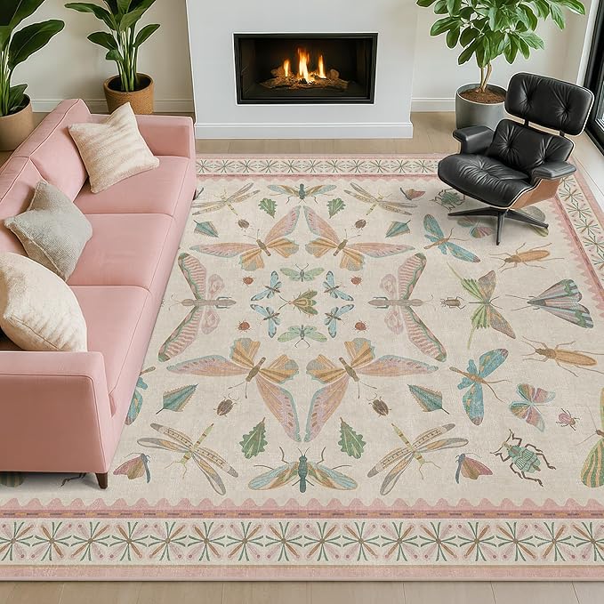 Hazo Haus Floral Pink Rugs for Bedroom Girls 6x9 - Insect Print Cute Girly Rug for Living Room, Dining Room Under Kitchen Table, Washable Low Pile Vintage Bug Art Nouveau Home Decor