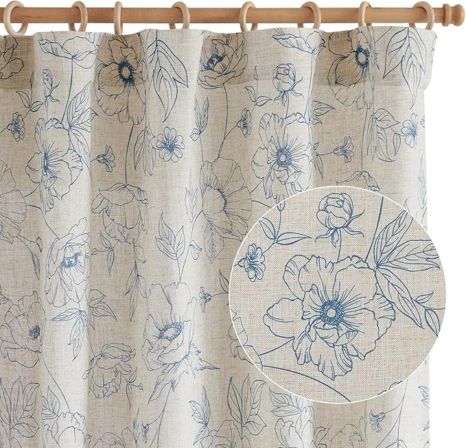 jinchan Floral Linen Curtains for Living Room 63 Inch Length Blue Flower Curtain Rod Pocket Back Tab Farmhouse Curtains with Printed Floral Bedroom Window Curtain Set, 2 Panels Blue