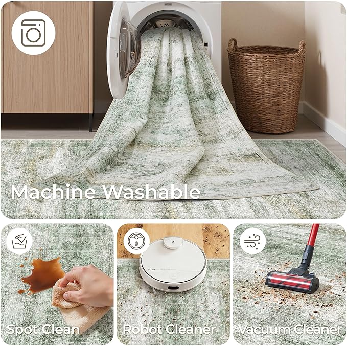 Long Hallway Runner Rug- Carpet Runners for Hallway 12ft, Anti Slip Backing Washable Rug Runner for Entrance, Living Room, Soft Low Pile Modern Rug Runner(2'x12', Green/Yellow/Ivory)