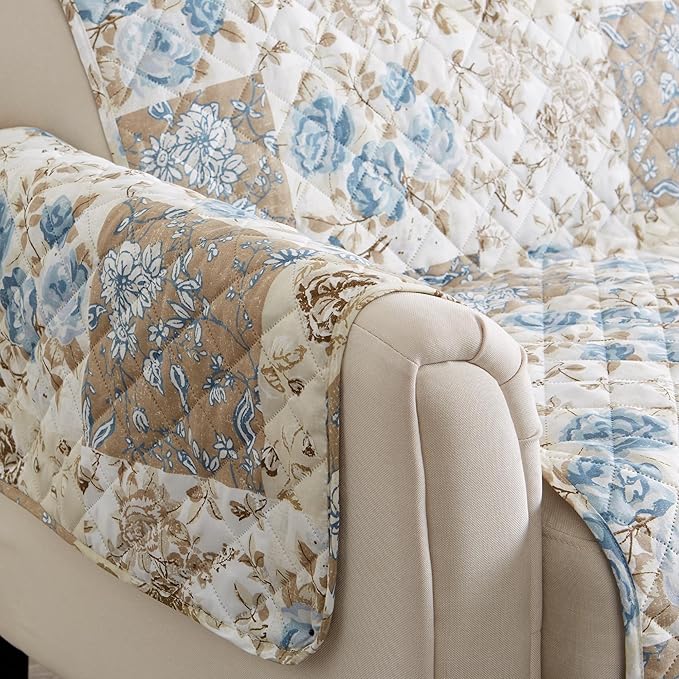 Great Bay Home Reversible Floral Patchwork Sofa Furniture Protector - Machine Washable, Scalloped Edge, Stain Resistant, Printed Furniture Cover for Dogs, Kids, and Pets (Taupe/Blue)
