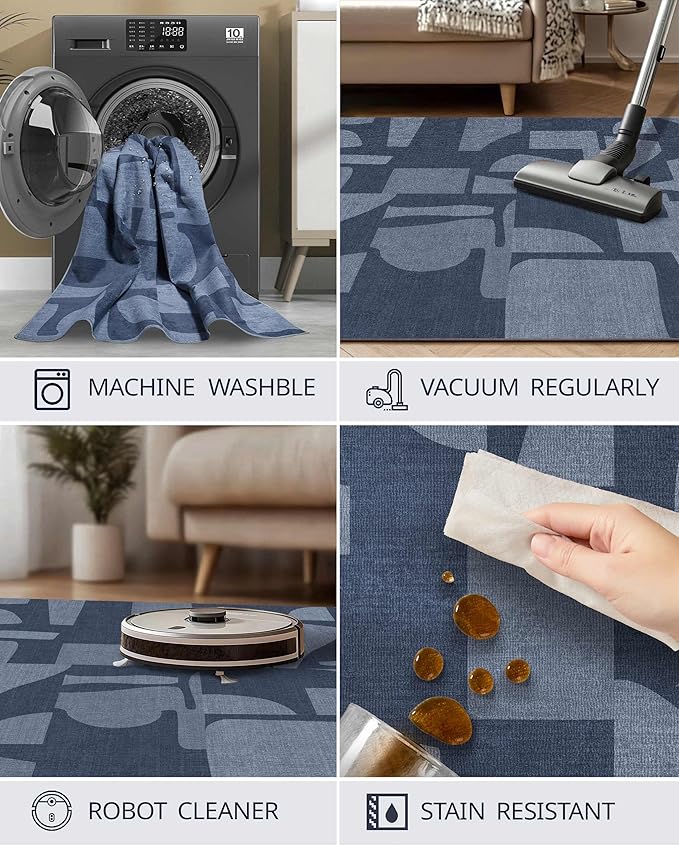 Latte&Fog 3x5 Entryway Rug Indoor, Modern Abstract Washable Area Rug, Boho Non Slip Low Pile Throw Carpet for Indoor Bedroom Bedside, Kitchen, Entry and Living Room - Navy Blue