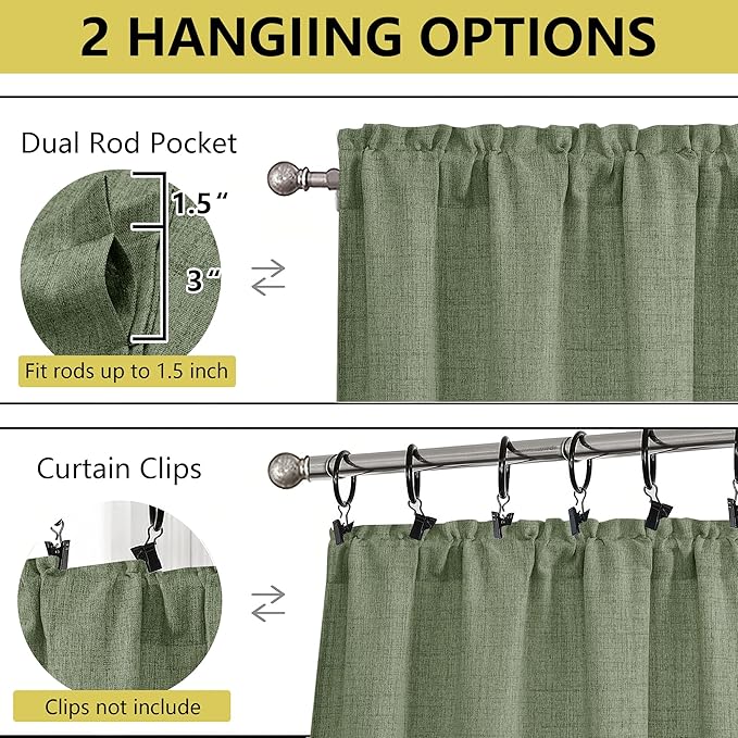 Sage Green Valances for Windows, Light Filtering Faux Linen Textured Small Short Valance Curtains for Bathroom Basement Farmhouse, Rod Pocket Half Curtains for Windows, 60Wx12L Inch