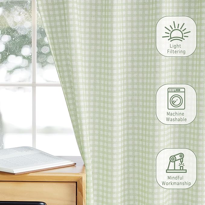 RYB HOME Sage Green Cafe Curtains Rustic Plaid Kithen Tier, Classic Short Checkered Drapes 36 inch Length Small Window Treatment for Living Room Bathroom Bistro Farmhouse Valance, W26 x L36, 2 Panels